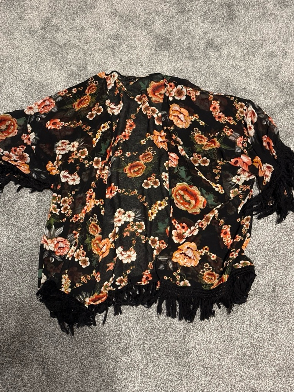 Black Floral Fringe Kimono Tunic in Orange & Cream